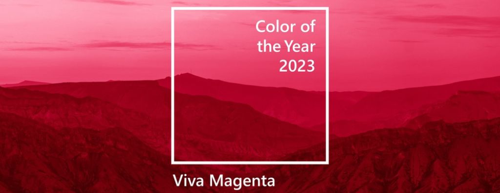 A landscape shot of the Sulak River with a superimposed graphic of the Pantone Color of the Year 2023: Viva Magenta. The image is tinted to match the magenta color.