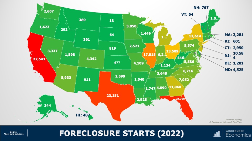 A map showing foreclosures starts for each state in the U.S. California, Texas, and Florida have the highest number of foreclosure starts inn 2022. California had 27,541, Florida had 24,190, and Texas had 23,151.