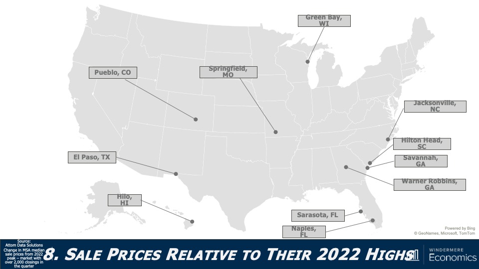 A map graphic showing 2023 U.S. home sale prices relative to their 2022 highs, specifically some markets where prices have already exceeded the highs seen last year: Pueblo, El Paso, Hilo, and others.