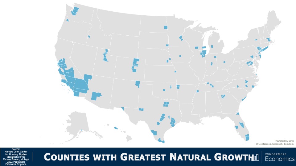 A map of the United States showing the counties with the greatest natural growth. There are many in Southern California, a few in western Washington Stage, a cluster in east Texas, and various counties spread throughout the Midwest and East Coast.