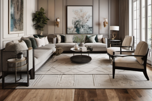 A sectional couch in a light grey color wraps into the corner of a living room on a rug on a hardwood floor. Large windows are on the right and the walls have board and batten with framed art on each wall. 