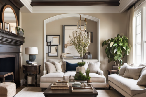 A traditionally designed living room. A dark fireplace is on the left and light colored couches surround a coffee table. The room as a lamp on a side table on the left and a fig tree plant in the corner on the right. 