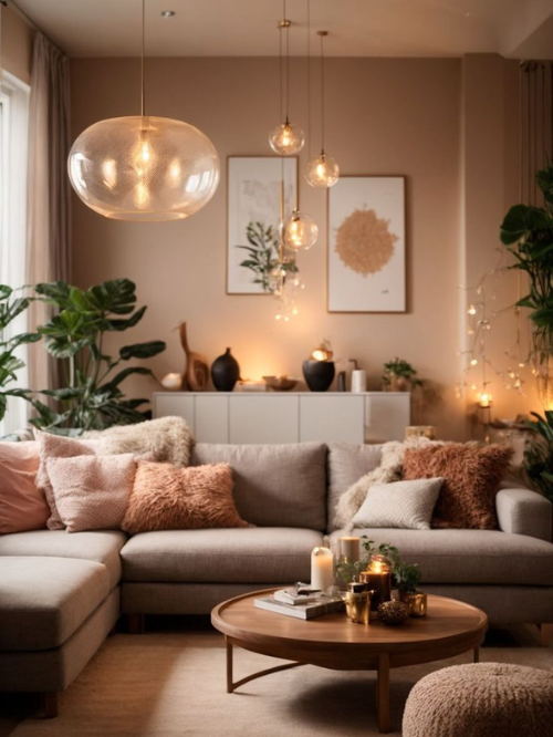 A living room with an earthy palette of browns and greens has peach colored pendant lights hanging from the ceiling. 