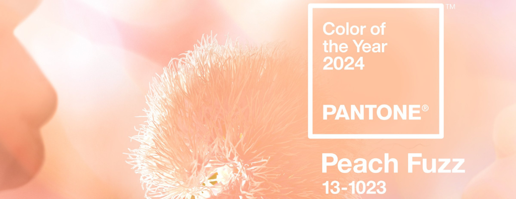 Abstract design in shades of Peach Fuzz. Text overlay reads Color of the Year 2024 PANTONE Peach Fuzz 13-1023.