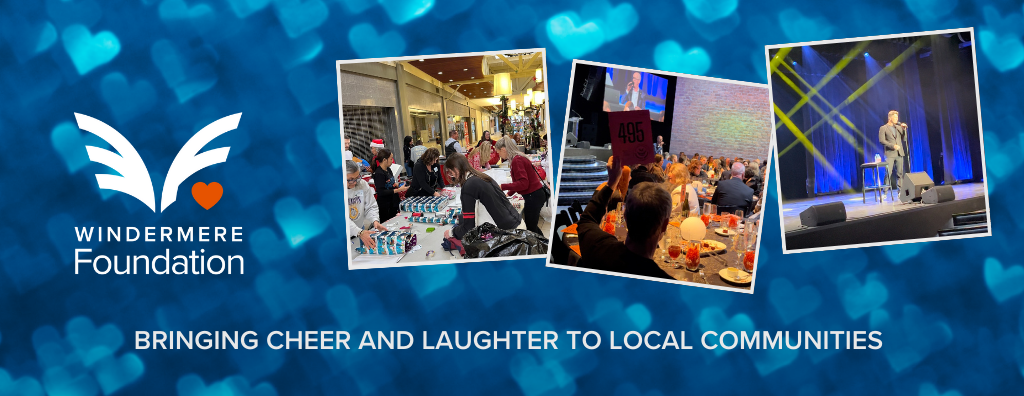 Three candid photos from featured events, on the left Windermere Real Estate Agents from East Inc. wrap gifts for their Windermere For Kids event. The middle is shot from behind someone with their paddle raised at the Seattle Comedy Night. On the right is a photo of Saturday Nigh Live Comedian, Colin Jost, on stage during his set.